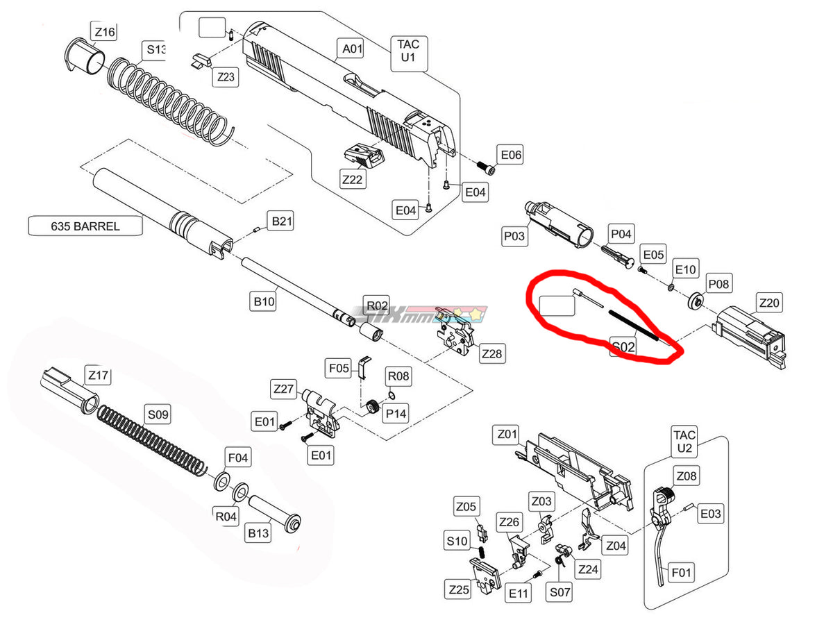 WE Tech airsoft pistol spring guide diagram
